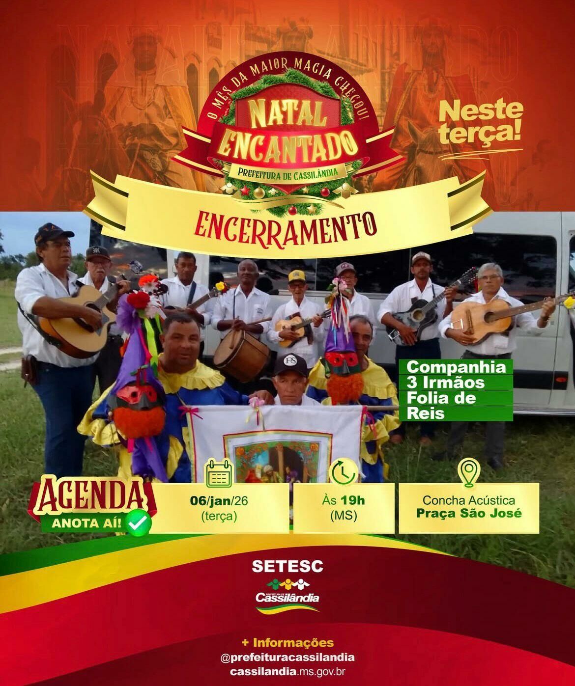 Imagem de compartilhamento para o artigo Natal Encantado de Cassilândia encerra hoje com o tradicional apagar das luzes e a presença da Folia de Reis Três Irmãos da MS Todo dia